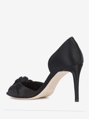 サテンブラックウェディングシューズ 結び目のあるオープントゥハイヒールパーティーシューズ