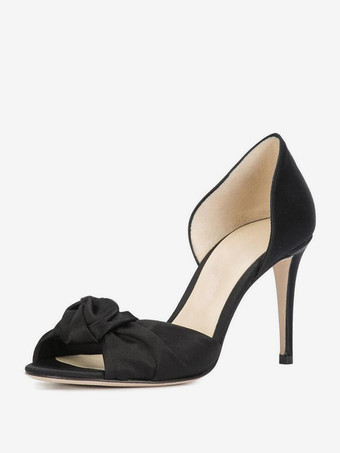 サテンブラックウェディングシューズ 結び目のあるオープントゥハイヒールパーティーシューズ