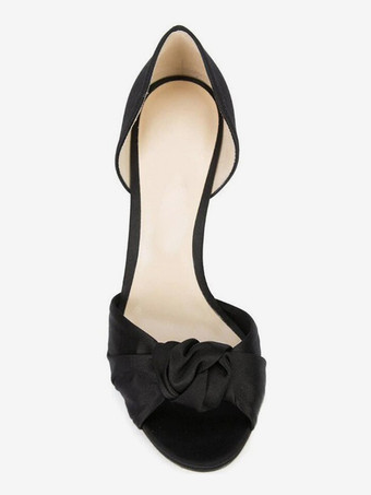 サテンブラックウェディングシューズ 結び目のあるオープントゥハイヒールパーティーシューズ