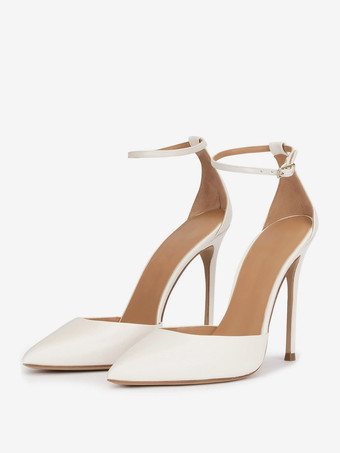 ホワイト ブラックドレスハイヒール ポインテッドトゥ スティレットヒール アンクルストラップパンプス