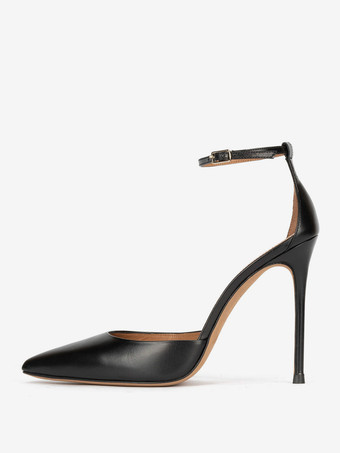 ブラックドレスハイヒール ポインテッドトゥ スティレットヒール アンクルストラップパンプス