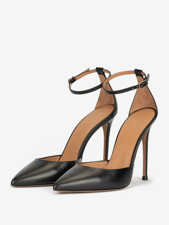 PUブラックブラックドレスハイヒール ポインテッドトゥ スティレットヒール アンクルストラップパンプス