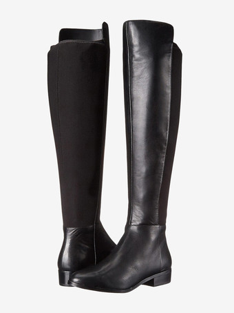 ブラック フラット ニーハイブーツ ジップアップ ラウンドトゥ パッチワーク レディースブーツ