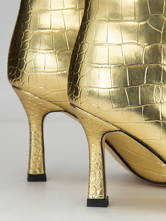 ゴールドストーン柄ニーハイブーツ メタリックポインテッドトゥハイヒールブーツ