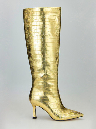 ゴールドストーン柄ニーハイブーツ メタリックポインテッドトゥハイヒールブーツ
