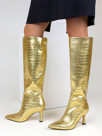ゴールドストーン柄ニーハイブーツ メタリックポインテッドトゥハイヒールブーツ