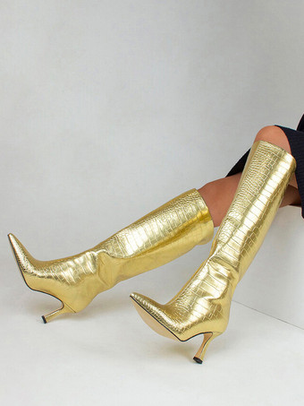 ゴールドストーン柄ニーハイブーツ メタリックポインテッドトゥハイヒールブーツ
