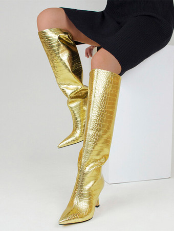 ゴールド ゴールドストーン柄ニーハイブーツ メタリックポインテッドトゥハイヒールブーツ
