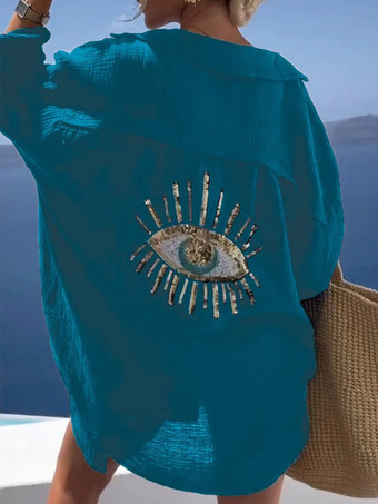 ティールグリーンレディース カバーアップ アイプリント オーバーサイズ ビキニ ビーチカバーアップ