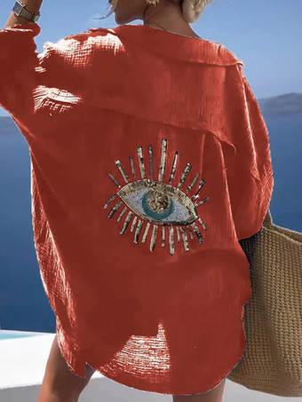 オレンジ レディース カバーアップ アイプリント オーバーサイズ ビキニ ビーチカバーアップ