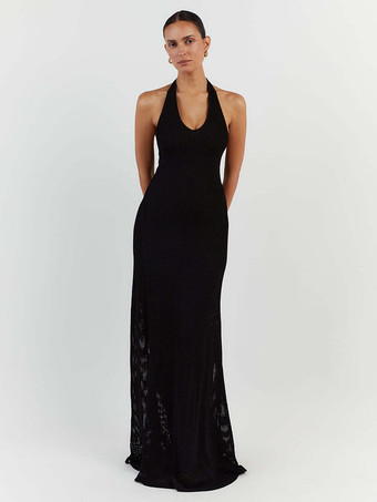 ブラック ニットドレス ホルターネック バックレス セクシー サマー ビーチ ロングドレス