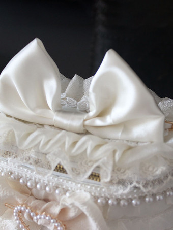 スイートロリータバッグ エクリュホワイトリボン フリルパール クロスボディバッグ ポリエステルファイバー ロリータアクセサリー