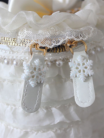 スイートロリータバッグ エクリュホワイトリボン フリルパール クロスボディバッグ ポリエステルファイバー ロリータアクセサリー