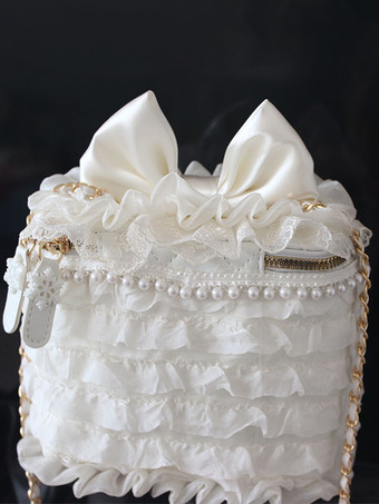 スイートロリータバッグ エクリュホワイトリボン フリルパール クロスボディバッグ ポリエステルファイバー ロリータアクセサリー