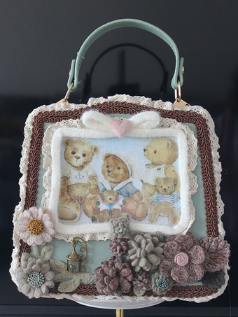 ミントグリーンロココ風ロリータバッグ コーヒーブラウン ポリエステル花柄リボン ポリエステル繊維ハンドバッグ ロリータアクセサリー