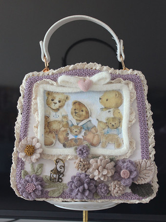 パープル ロココ風ロリータバッグ コーヒーブラウン ポリエステル花柄リボン ポリエステル繊維ハンドバッグ ロリータアクセサリー