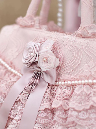 ロココ風ロリータバッグ ホワイトポリエステルフラワーフリルポリエステルクロスボディバッグ ロリータアクセサリー