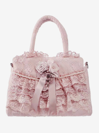 ロココ風ロリータバッグ ホワイトポリエステルフラワーフリルポリエステルクロスボディバッグ ロリータアクセサリー