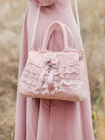 ロココ風ロリータバッグ ホワイトポリエステルフラワーフリルポリエステルクロスボディバッグ ロリータアクセサリー