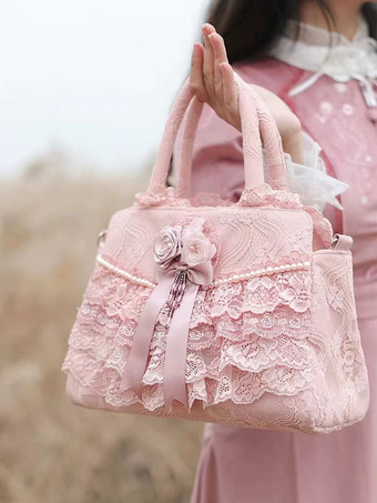 ロココ風ロリータバッグ ホワイトポリエステルフラワーフリルポリエステルクロスボディバッグ ロリータアクセサリー
