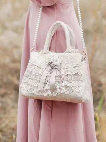 ロココ風ロリータバッグ ホワイトポリエステルフラワーフリルポリエステルクロスボディバッグ ロリータアクセサリー