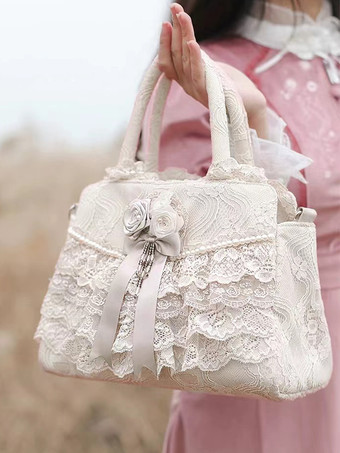 ホワイト ロココ風ロリータバッグ ホワイトポリエステルフラワーフリルポリエステルクロスボディバッグ ロリータアクセサリー