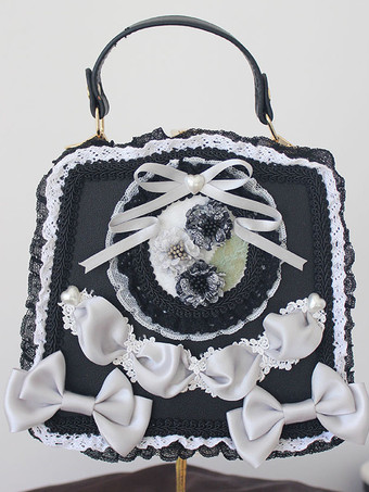 ブラック スイートロリータバッグ ライトグリーン PUレザー リボン アップリケ PUレザー ハンドバッグ ロリータアクセサリー