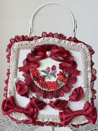 ワインレッド スイートロリータバッグ ライトグリーン PUレザー リボン アップリケ PUレザー ハンドバッグ ロリータアクセサリー