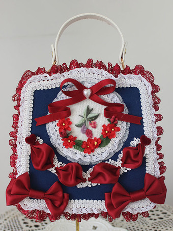 ダークネイビースイートロリータバッグ ライトグリーン PUレザー リボン アップリケ PUレザー ハンドバッグ ロリータアクセサリー