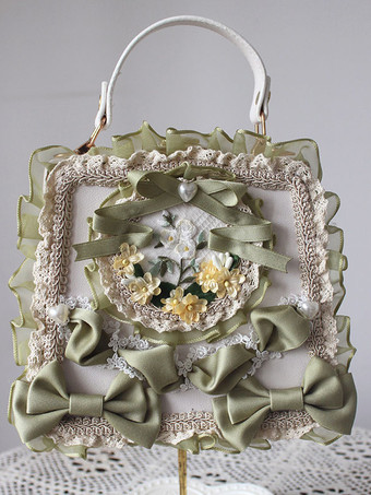 グリーン スイートロリータバッグ ライトグリーン PUレザー リボン アップリケ PUレザー ハンドバッグ ロリータアクセサリー
