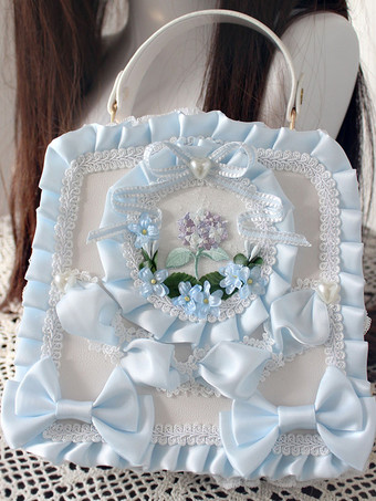 ホワイト スイートロリータバッグ ライトグリーン PUレザー リボン アップリケ PUレザー ハンドバッグ ロリータアクセサリー