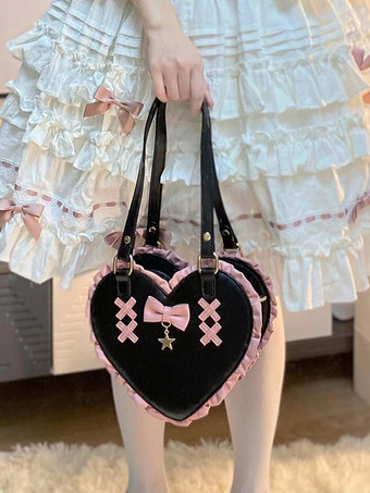 ロココスタイル ロリータバッグ ブラック PUレザー リボン PUレザー クロスボディバッグ ロリータアクセサリー