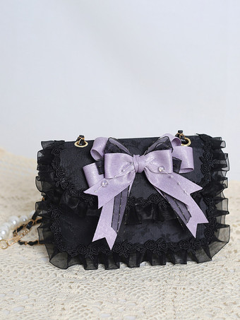 ブラック スイートロリータバッグ ピンクオーガンザリボン レースポリエステルファイバーハンドバッグ ロリータアクセサリー
