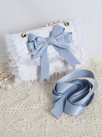 ブルー スイートロリータバッグ ピンクオーガンザリボン レースポリエステルファイバーハンドバッグ ロリータアクセサリー