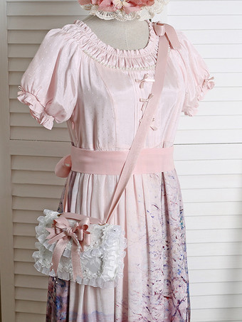 スイートロリータバッグ ピンクオーガンザリボン レースポリエステルファイバーハンドバッグ ロリータアクセサリー