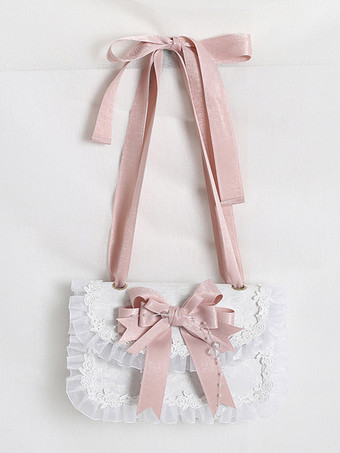 スイートロリータバッグ ピンクオーガンザリボン レースポリエステルファイバーハンドバッグ ロリータアクセサリー
