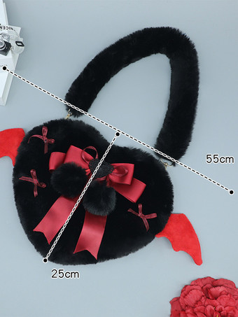 ブラック スイートロリータバッグ ブラック ショート プラッシュ ポンポン リボン ショルダーバッグ ロリータアクセサリー