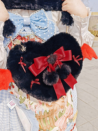 スイートロリータバッグ ブラック ショート プラッシュ ポンポン リボン ショルダーバッグ ロリータアクセサリー