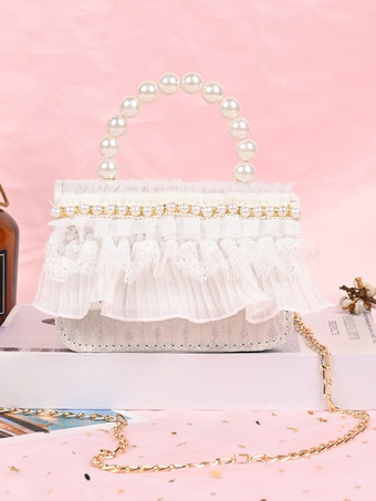 ホワイト スイートロリータバッグ ホワイトレースフリルパールハンドバッグ PUレザーロリータアクセサリー