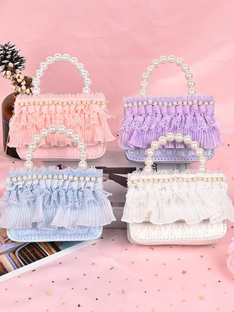 スイートロリータバッグ ホワイトレースフリルパールハンドバッグ PUレザーロリータアクセサリー