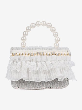 スイートロリータバッグ ホワイトレースフリルパールハンドバッグ PUレザーロリータアクセサリー