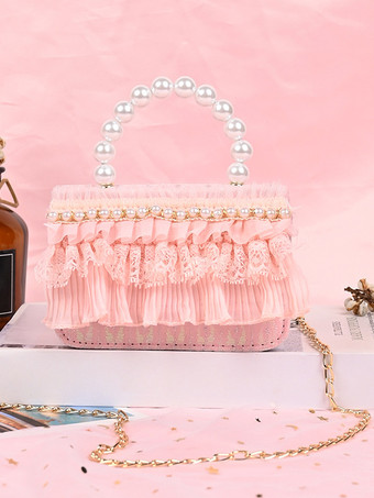 ピンクスイートロリータバッグ ホワイトレースフリルパールハンドバッグ PUレザーロリータアクセサリー