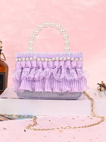 パープル スイートロリータバッグ ホワイトレースフリルパールハンドバッグ PUレザーロリータアクセサリー
