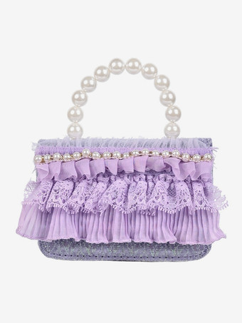 スイートロリータバッグ ホワイトレースフリルパールハンドバッグ PUレザーロリータアクセサリー