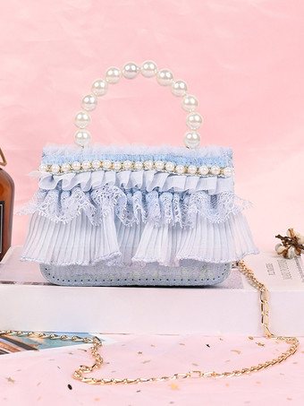 ブルー スイートロリータバッグ ホワイトレースフリルパールハンドバッグ PUレザーロリータアクセサリー