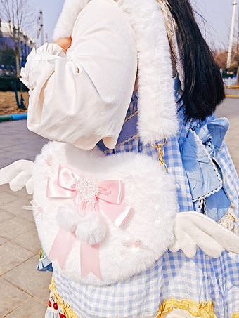 ホワイト スイートロリータバッグ ブラック ショート プラッシュ ポンポン リボン ショルダーバッグ ロリータアクセサリー