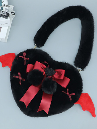 スイートロリータバッグ ブラック ショート プラッシュ ポンポン リボン ショルダーバッグ ロリータアクセサリー