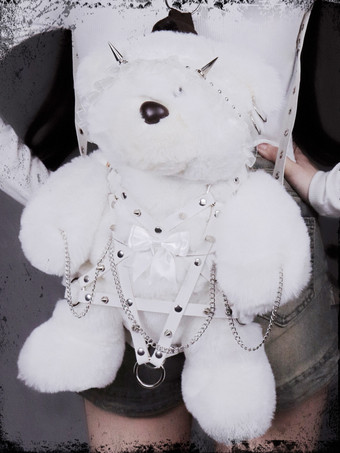 ホワイト ゴシックロリータバッグ ブラック リボン チェーン リベット バックパック ポリエステルファイバー ロリータアクセサリー