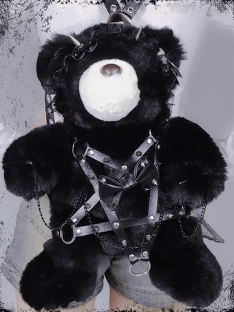 ブラック ゴシックロリータバッグ ブラック リボン チェーン リベット バックパック ポリエステルファイバー ロリータアクセサリー