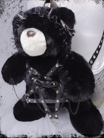 ゴシックロリータバッグ ブラック リボン チェーン リベット バックパック ポリエステルファイバー ロリータアクセサリー